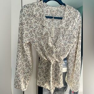 Max Studio Cream Floral Ruffle Wrap Blouse